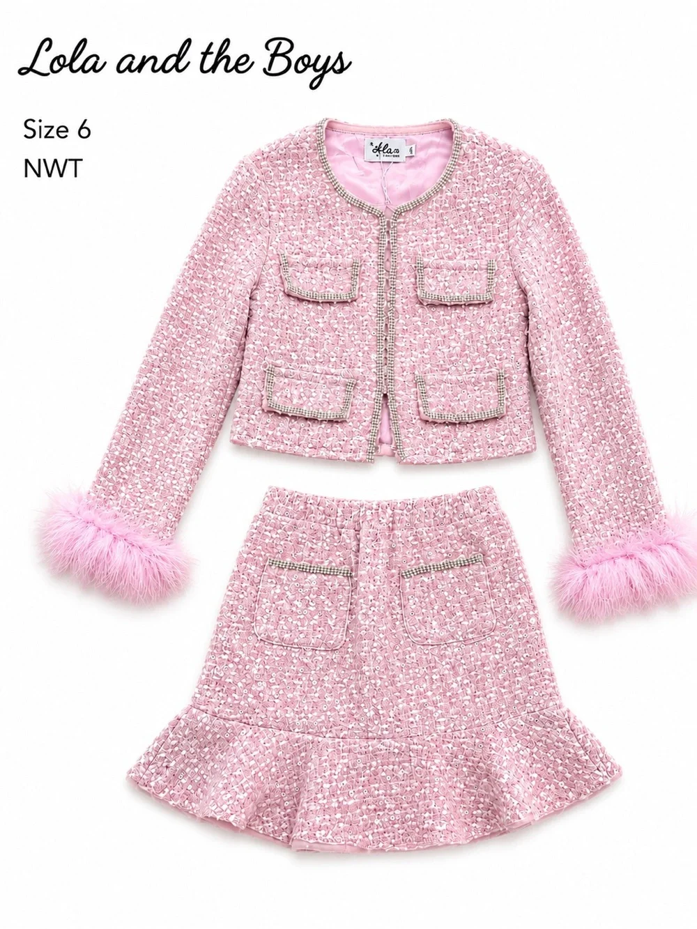 Lola and the Boys Pink Sequin Tweed Jacket & Skirt Set Size 6 NWT